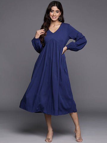 Varanga Women Blue V-Neck Bishop Sleeves Gathered Details A-Line Dress Flared Hem